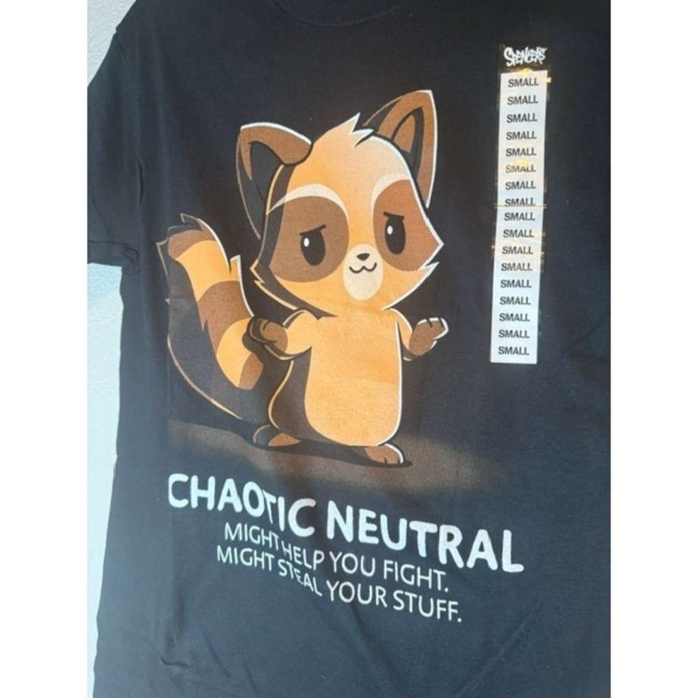 TeeTurtle Chaotic Neutral Raccoon Graphic T-Shirt Black Mens Small Spencers NEW - Picture 3 of 5